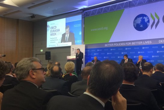 Na zdjęciu: Minister Piotr Gliński przemawia na Spotkaniu Wysokiego Szczebla OECD Eurasia Week