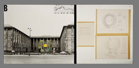 Marian Bogusz Projekt wejścia do Muzeum Narodowego od strony Alei Jerozolimskich,
 1971 kolaż,
 fotografia,
 druk,
 flamaster,
 papier na sklejce